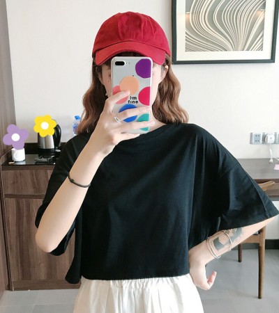 LuFashion女式露脐上衣夏季糖果色短袖素色休闲T恤 LuFashion女式露脐上衣夏季糖果色短袖素色休闲T恤