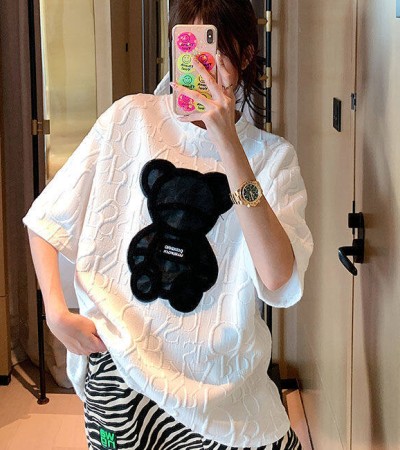 【40-80Kg】加大码女式T恤韩版BF熊刺绣短袖宽松全配休闲打底衬衫 【40-80Kg】加大码女式T恤韩版BF熊刺绣短袖宽松全配休闲打底衬衫